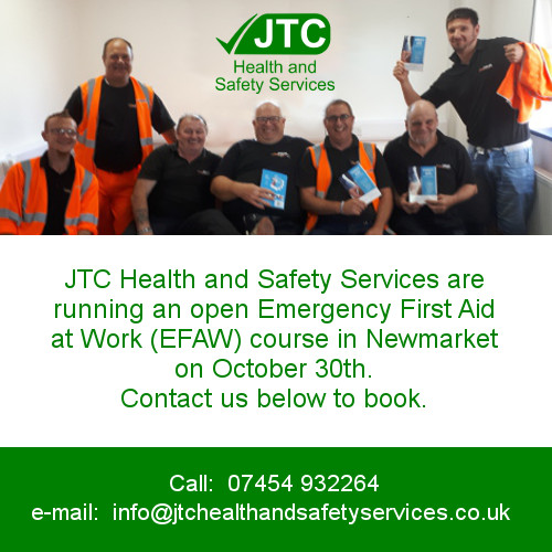 Graphic - Open Emergency First Aid at Work (EFAW) course in Newmarket on October 30th